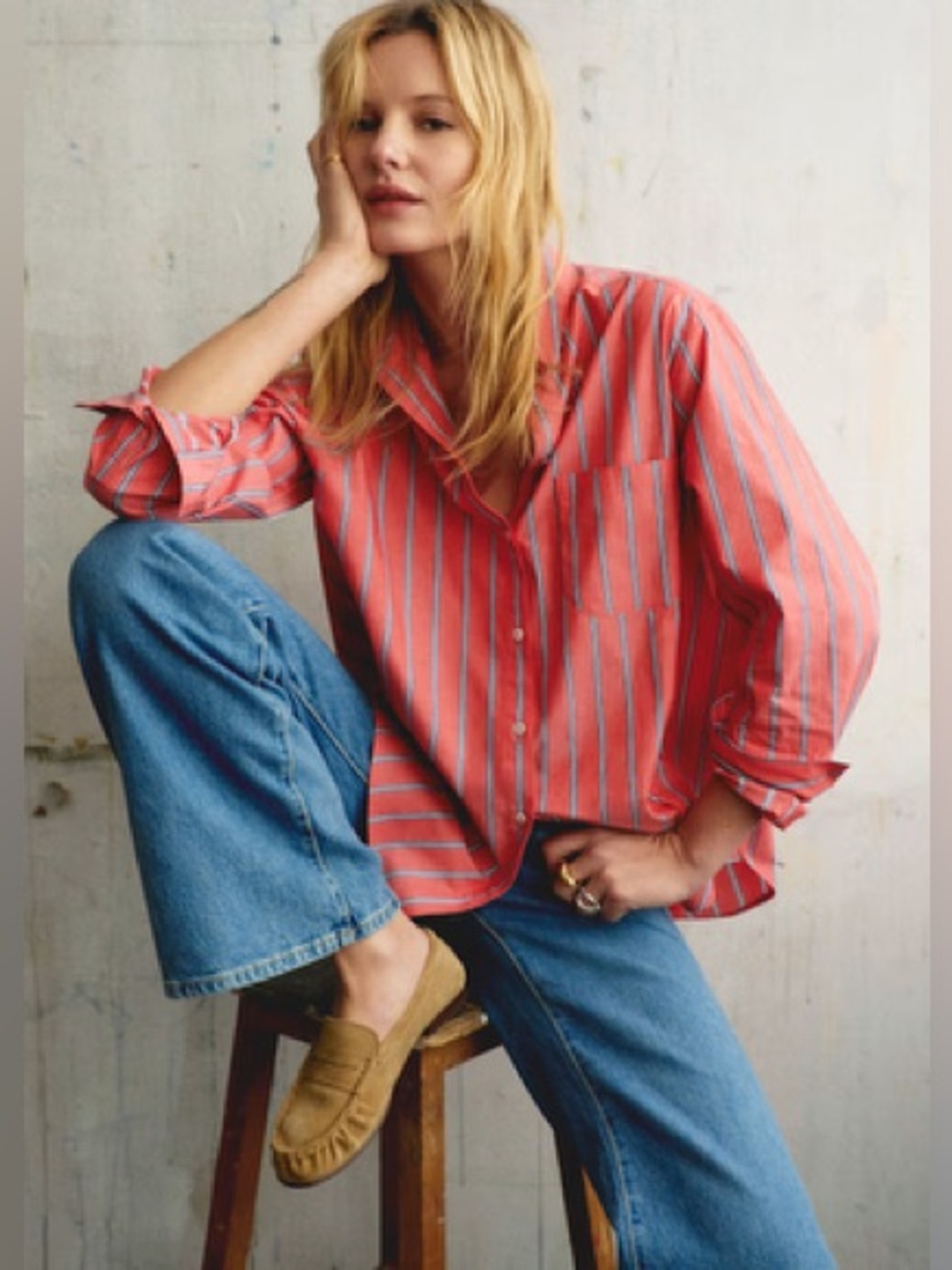 Sezane Max Shirt in Red and Ecru Stripes, US Size 14